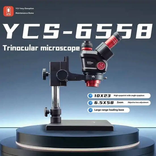 YCS 6558S (3D Continuous Zoom) 6.5X~58X Trinocular Stereo Microscope With 0.5X CTV Camera Zoom Lens & LED Adjustable Light