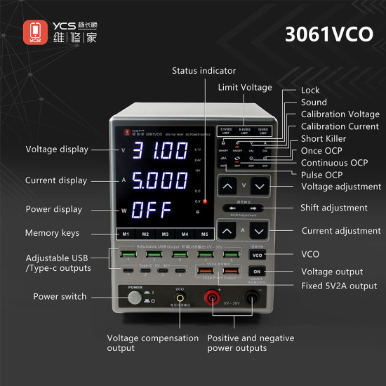 YCS 3061VCO Adjustable Digital Display DC Power Supply (30V / 6A)