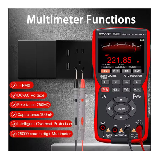 Zoyi ZT-703S Dual Channel 50MHz Digital Storage Oscilloscope Multimeter Signal Generator (3 in 1)