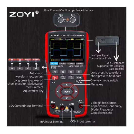 Zoyi ZT-703S Dual Channel 50MHz Digital Storage Oscilloscope Multimeter Signal Generator (3 in 1)
